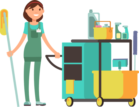 Female cleaner holding cleaning equipment  Illustration