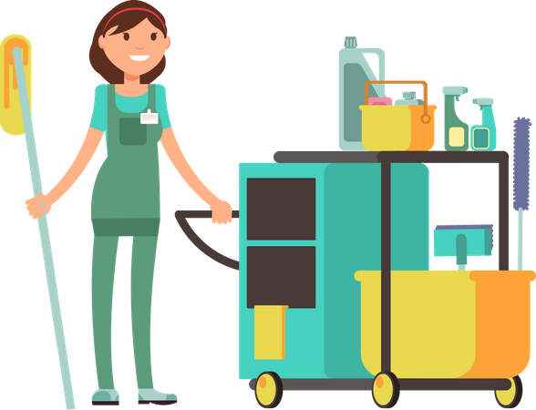 Female cleaner holding cleaning equipment  イラスト