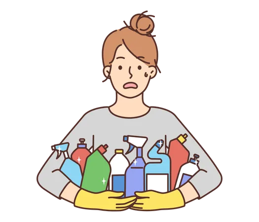 Female cleaner holding cleaning liquids  Illustration