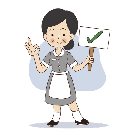 Best Premium Female cleaner is holding correct sign Illustration download  in PNG & Vector format