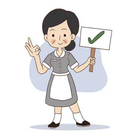 Vector Cartoon Character Illustration Of Smile Female Cleaner Is Holding Correct Sign And Doing OK Hand Gesture Cleaning Lady Housekeeper Illustration