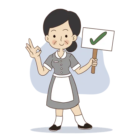 Female cleaner is holding correct sign  Illustration