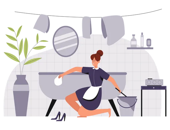 Female cleaner is scrubbing the bathroom Illustration