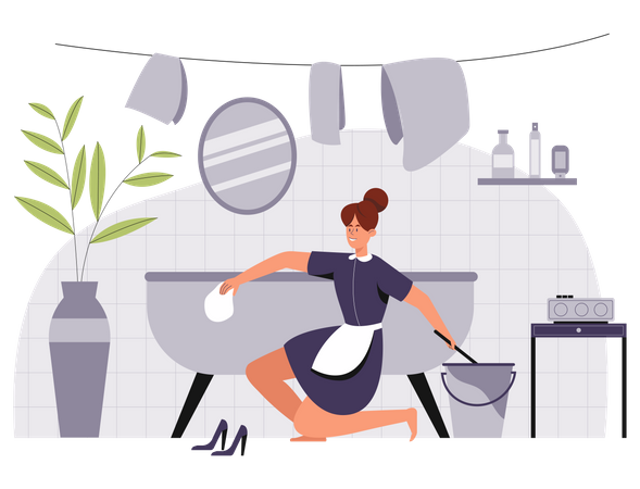 Female cleaner is scrubbing the bathroom  Illustration