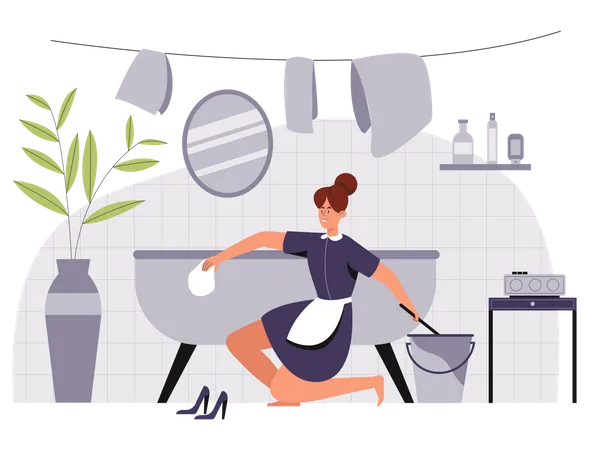 Female cleaner is scrubbing the bathroom  Illustration