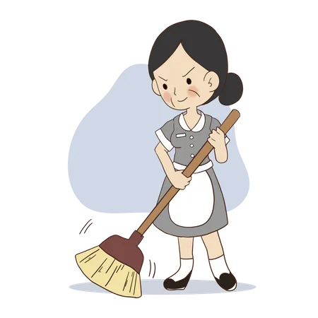 Vector Cartoon Character Illustration Of Female Cleaner With Broom Cleaning Lady Housekeeper Sweeping Illustration