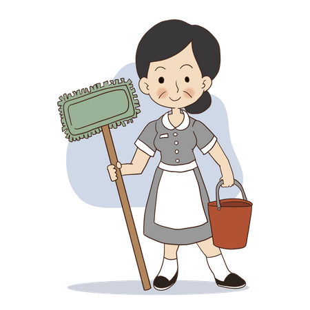 Female cleaner with mop and bucket  Illustration