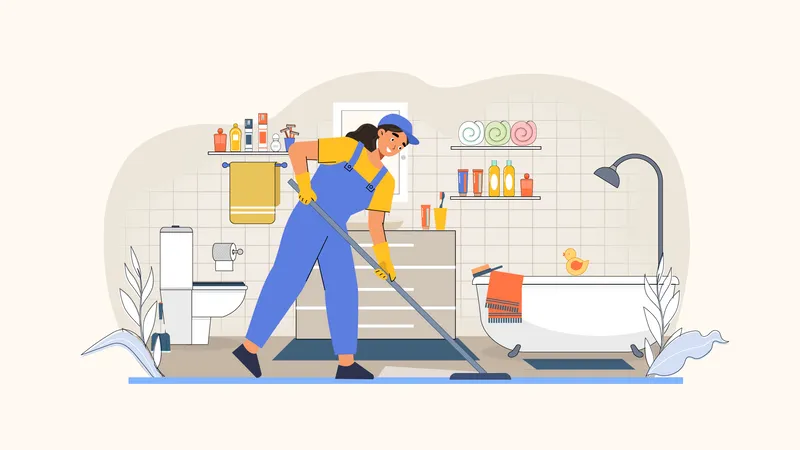 Female cleaning worker clean floor  Illustration
