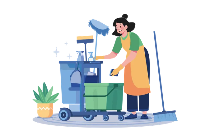 Female Cleaning Worker With Cleaning Equipment  Illustration
