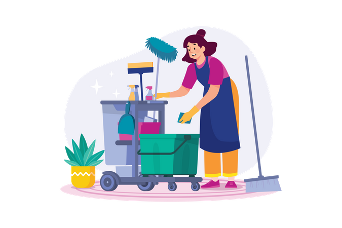 Female Cleaning Worker With Cleaning Equipment  Illustration