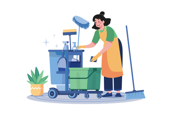 Female Cleaning Worker With Cleaning Equipment  Illustration