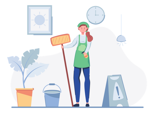 Female cleaning worker with cleaning equipment  Illustration