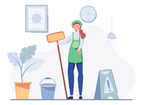 Female cleaning worker with cleaning equipment  Illustration