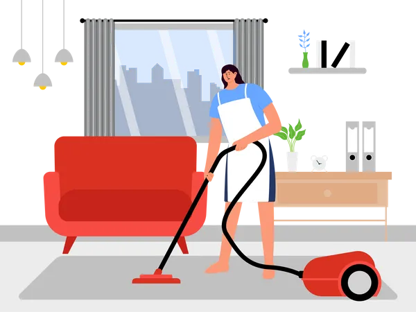 Female cleaning worker with vacuum cleaner Illustration