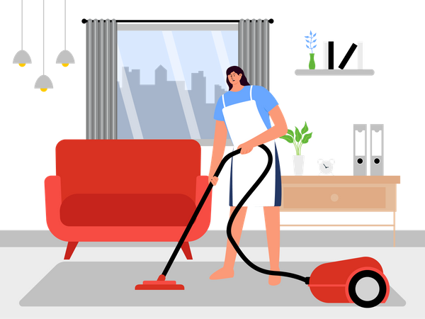 Female cleaning worker with vacuum cleaner  Illustration