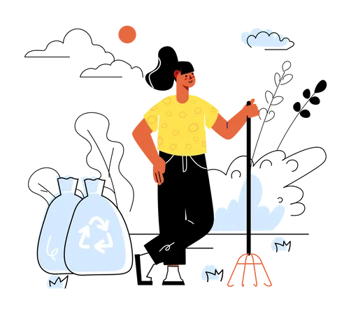 Female cleans up garbage Illustration