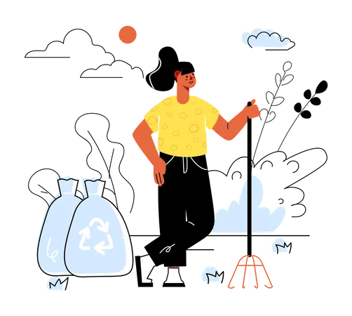 Female cleans up garbage  Illustration