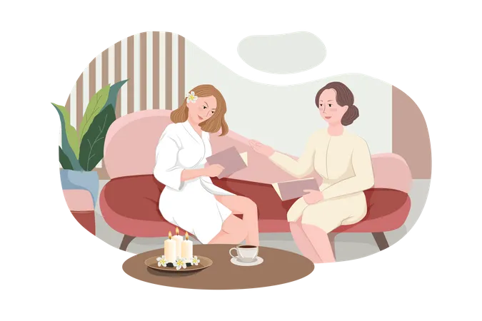 Female client siting in comfortable chair and reading Massage Menu Illustration
