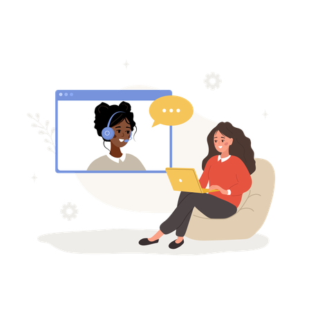 Female client with laptop talking to online support  Illustration
