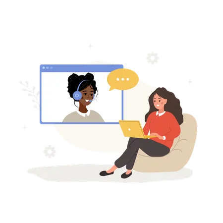 Female client with laptop talking to online support  Illustration