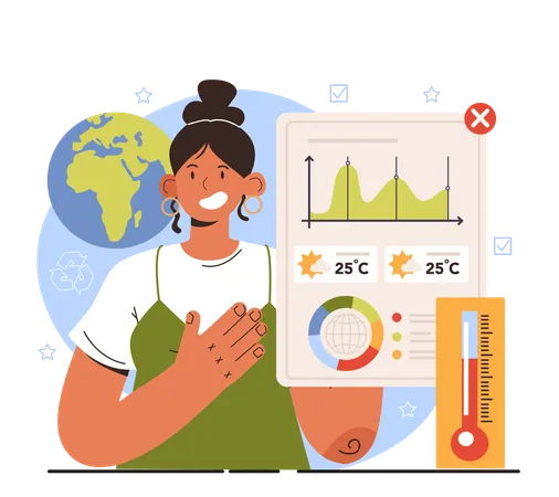 科学界の多様な女性。気候変動政策アナリストの女性は、気候変動に関する科学的データと研究を評価し、環境汚染を監視します。フラットベクターイラスト イラスト