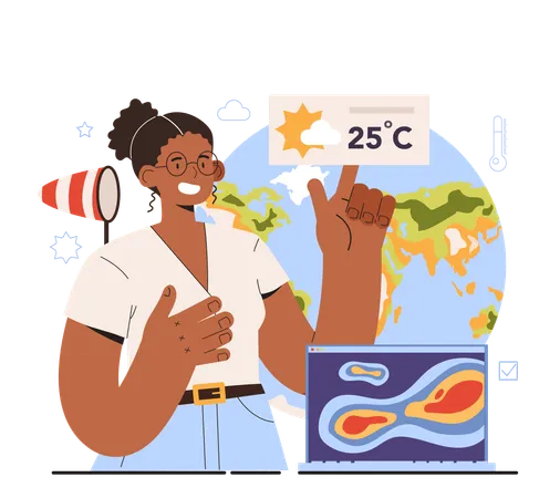 Diverse Women In Science Female Climatologist Study Factors That Influence Weather And The Environment Observation Analysis And Modelling Climate Condition Flat Vector Illustration Illustration