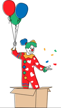 Female Clown Character Pop Up From Huge Carton Box With Balloons Big Top Circus Show Artist Jester Performer Entertainer In Funny Costume And Wig Makeup And Fake Nose Linear Vector Illustration Illustration