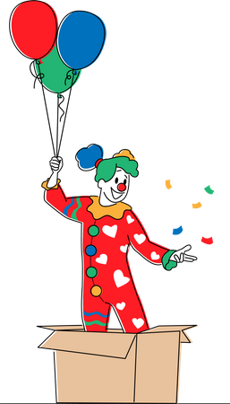 Female Clown Pop Up from Carton Box with Balloons  Illustration