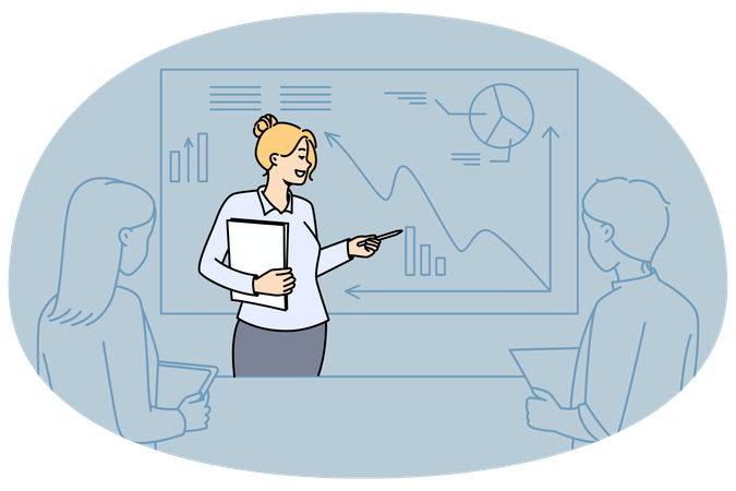 Female coach making business presentation for colleagues in office  Illustration