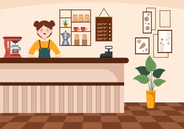 Female coffee shop owner wait for customers Illustration