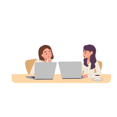 Female colleagues chatting during work at desk with laptops  Illustration