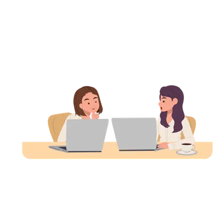 Female colleagues chatting during work at desk with laptops  Illustration