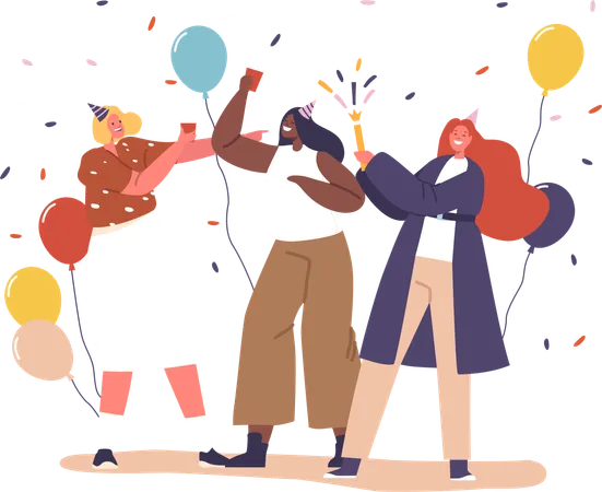 Female Colleagues Unite In Festive Joy Donning Elegant Attire At The Corporate Party Laughter Music Balloons And Confetti Fill The Air Creating A Memorable Celebration Of Professional Success Illustration