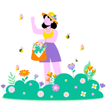 Female collecting flower in garden  Illustration