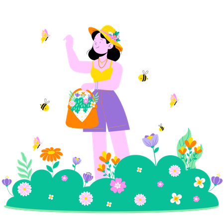 Female collecting flower in garden  Illustration