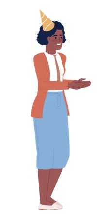 Female Company Worker In Cone Party Hat Semi Flat Color Vector Character Editable Figure Full Body Person On White Simple Cartoon Style Spot Illustration For Web Graphic Design And Animation Illustration
