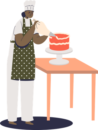 Female confectioner decorating holiday cake with cream from confectionery bag  Illustration
