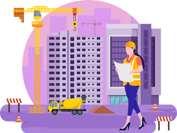 Female construction site manager checking work  Illustration