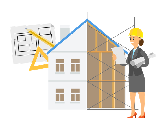 Female construction worker is doing home designing  Illustration