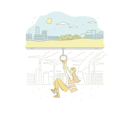 Female Construction Worker Lowering Screen Changing Our World For Better Creating Environmentally Friendly Future Banner Eco City Green Town Cartoon Concept Sketch Flat Vector Illustration Illustration