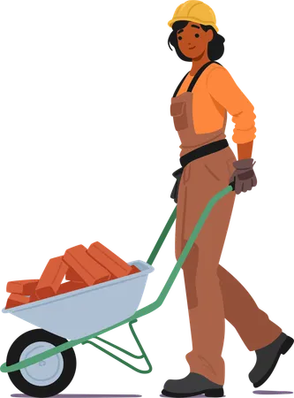 Female Construction Worker Wearing Hard Hat Orange Shirt And Brown Overalls  Illustration