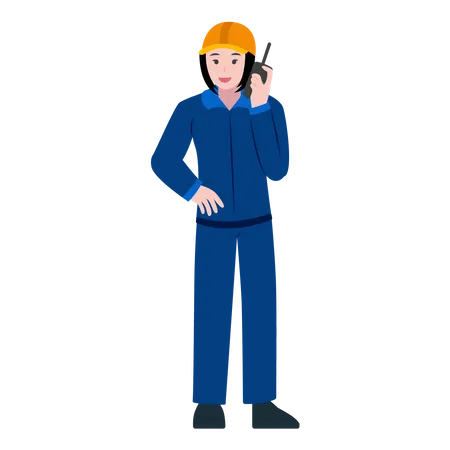 Female Constructor talking on walkie talkie  Illustration