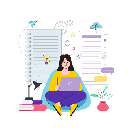 Female Content Writer working on article  Illustration