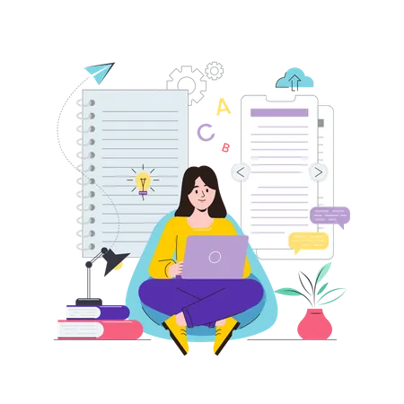 Female Content Writer working on article  Illustration