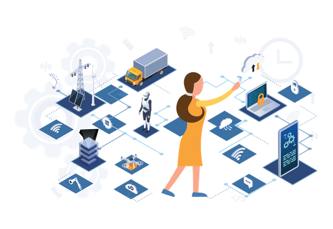 Female controls equipment using digital devices  Illustration