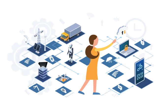 Female controls equipment using digital devices  Illustration