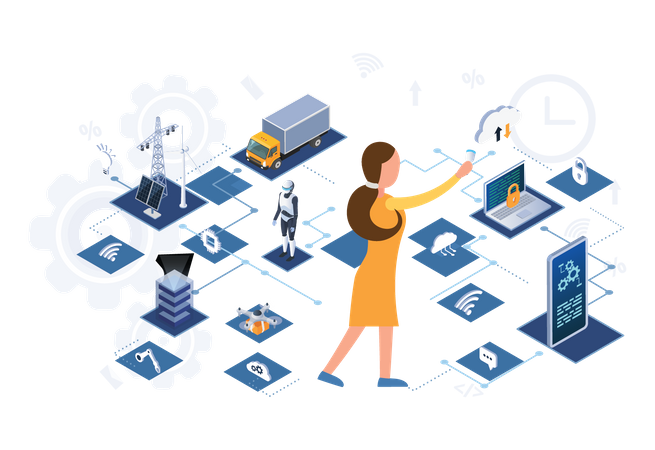 Female controls equipment using digital devices  Illustration
