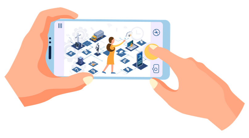 Female controls equipment using digital devices  Illustration