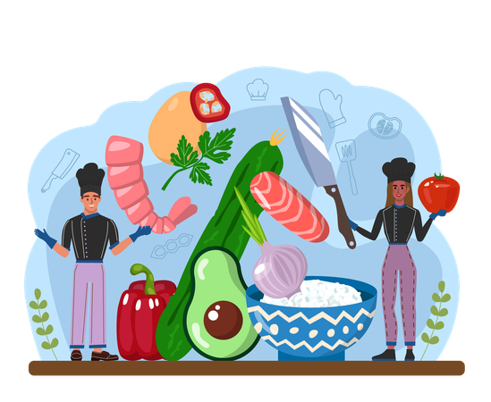 Female cook holding butcher for making tuna  Ilustração