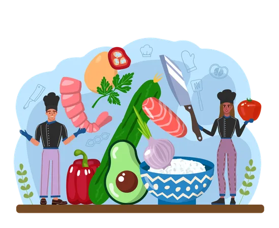 Poke Bowl Fresh Healthy Food With Salmon Tuna Or Shrimp Topings Hawaiian Traditional Food Sliced Vegetables And Seafood Flat Vector Illustration イラスト